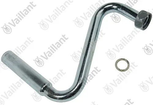 Vaillant Rohr in Form eines gebogenen Rohrs aus Metall, mit einer Verschraubung an einem Ende und einer Dichtungsscheibe daneben.
